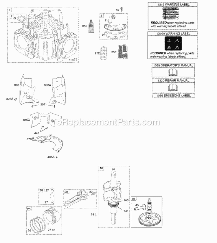 Camshaft Crankshaft Cylinder Piston Rings Connectiong Rod Diagram and Parts List for 44Q977-0110-G1  Briggs and Stratton Engine